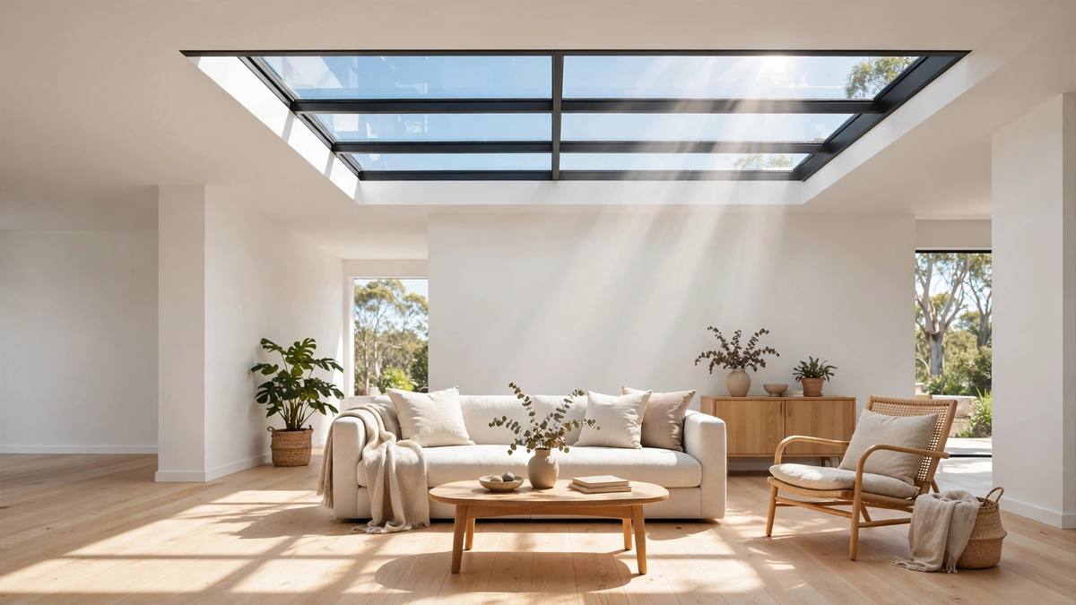 Glass skylight installed in ceiling of bright modern Australian living room with sunlight streaming onto timber floors