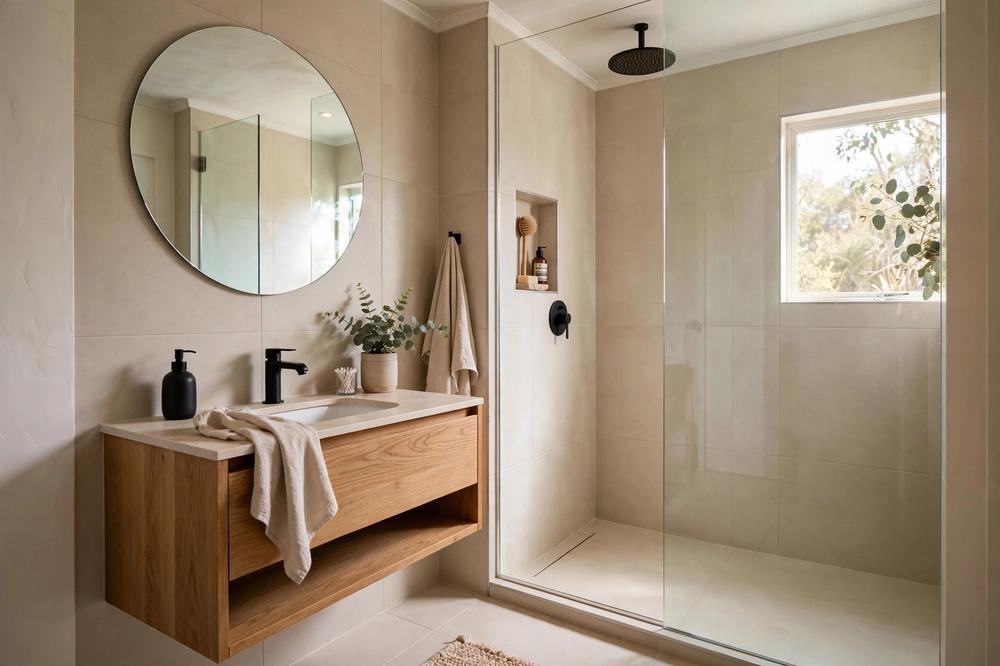 Small modern Australian bathroom with wall-hung vanity, large mirror and frameless glass shower