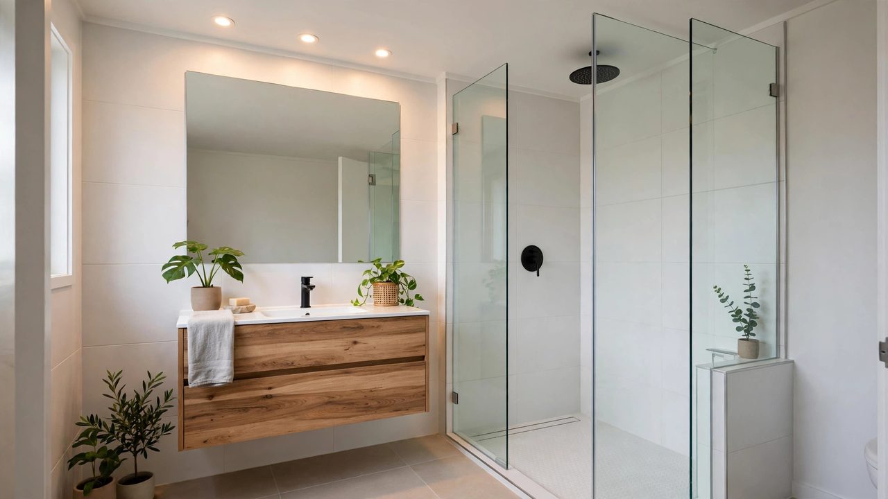 Compact modern Australian bathroom with walk-in frameless glass shower, wall-hung vanity and large-format white tiles