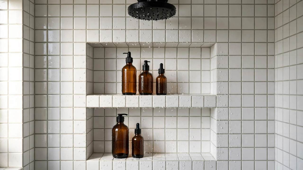 Tiled recessed shower niches with toiletries in a small Australian bathroom
