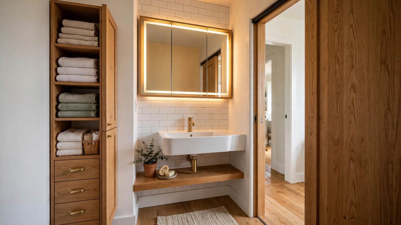 Slim tallboy storage cabinet and illuminated mirrored shaving cabinet in a tiny Australian bathroom