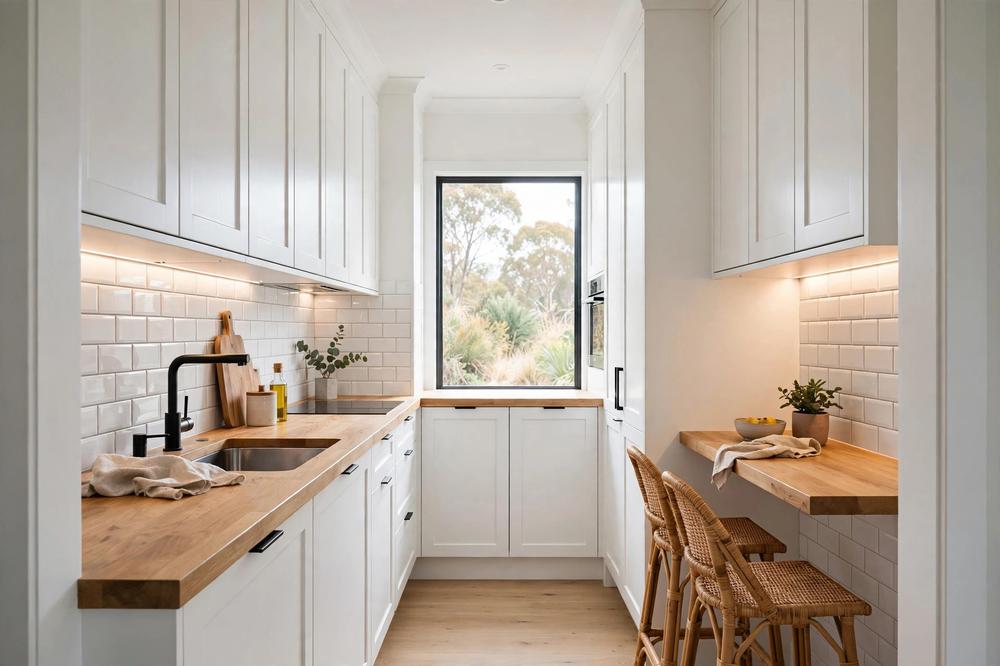 Bright small galley kitchen with white shaker cabinets, timber benchtop and rattan bar stools