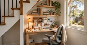 Compact study nook with desk, chair and shelves in bright alcove