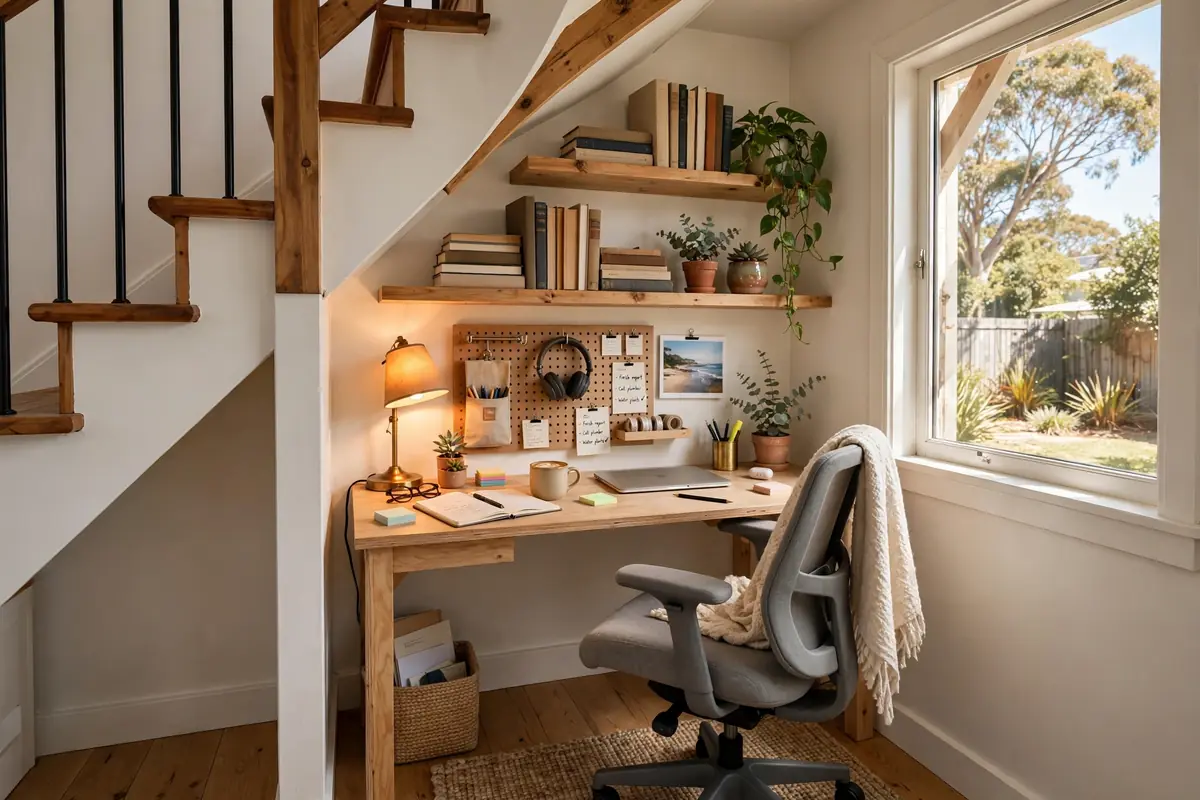 Compact study nook with desk, chair and shelves in bright alcove