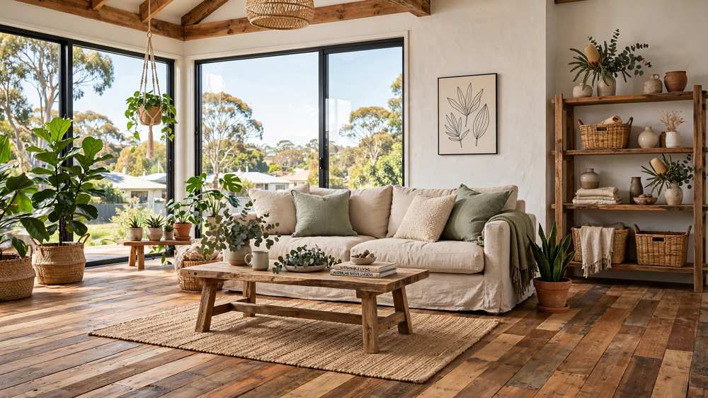 Bright sustainable Australian living room with recycled timber floors, indoor plants and large north-facing windows