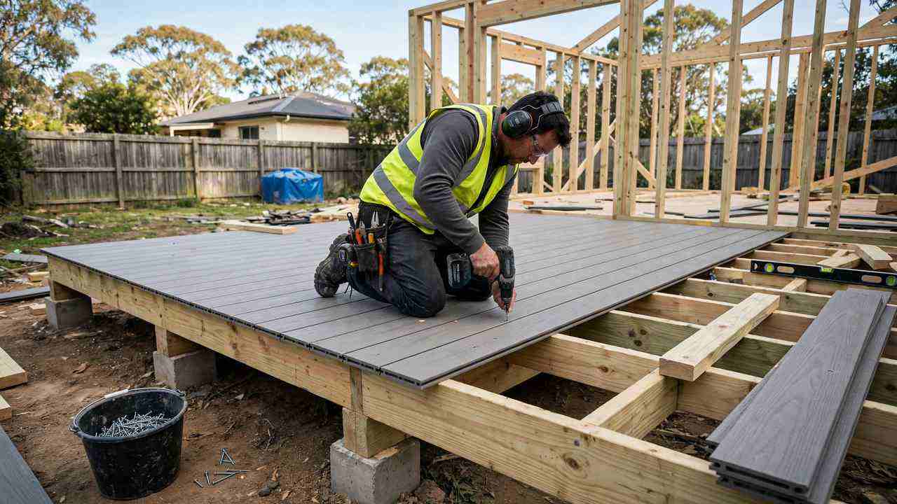 Deck builder fixing composite boards onto a treated pine subframe