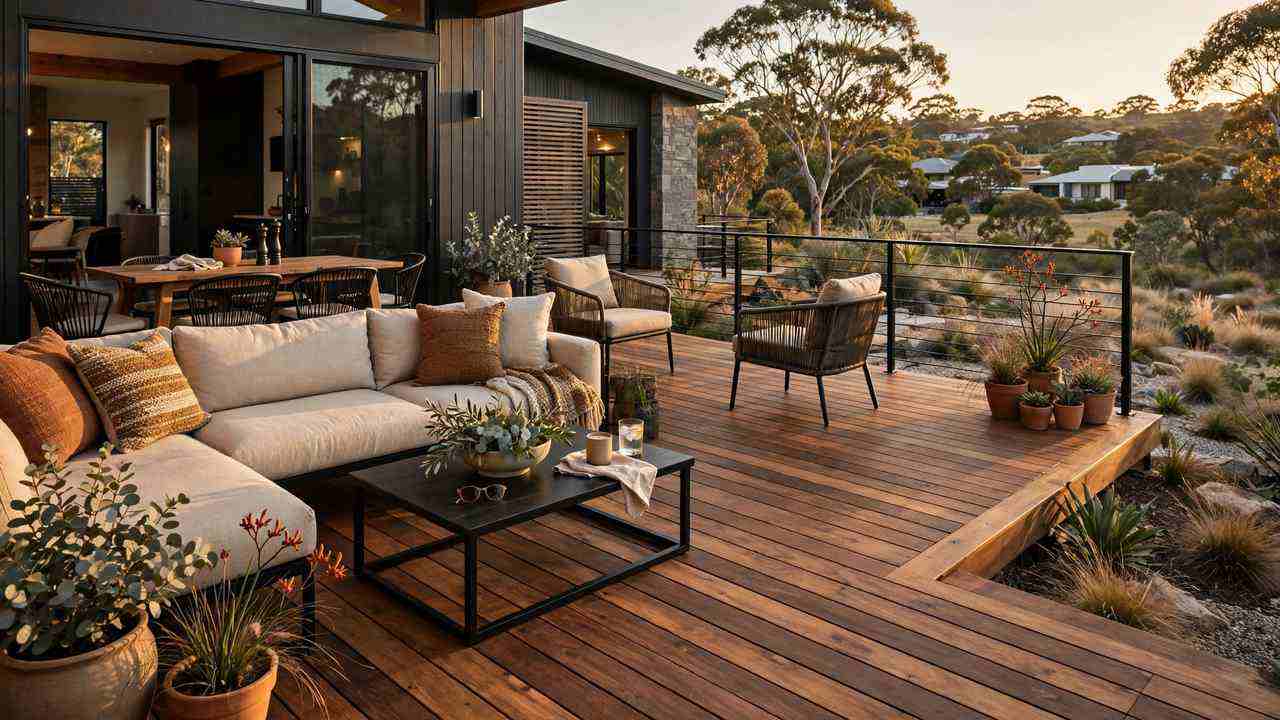 Timber deck with hardwood boards and outdoor furniture at an Australian home