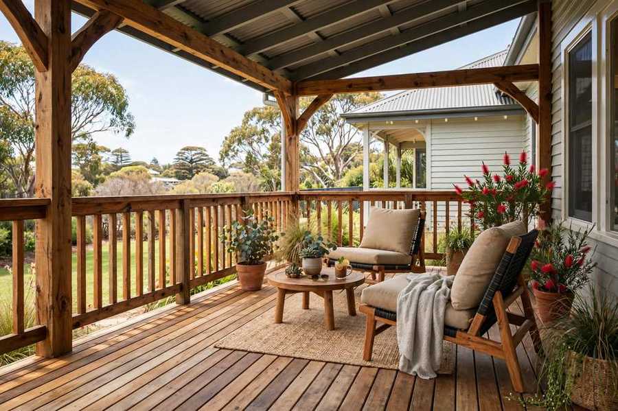 Natural timber decking on Australian home veranda with outdoor lounge chairs
