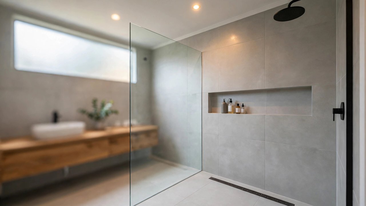 Modern Australian bathroom walk-in shower with frameless glass screen, large-format grey porcelain tiles, linear drain and matte black rain showerhead