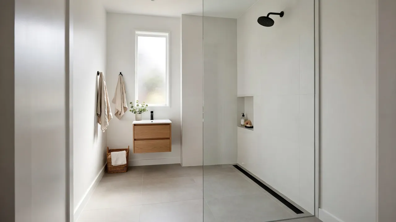 Curbless walk-in shower with frameless glass panel and linear drain in a small Australian bathroom