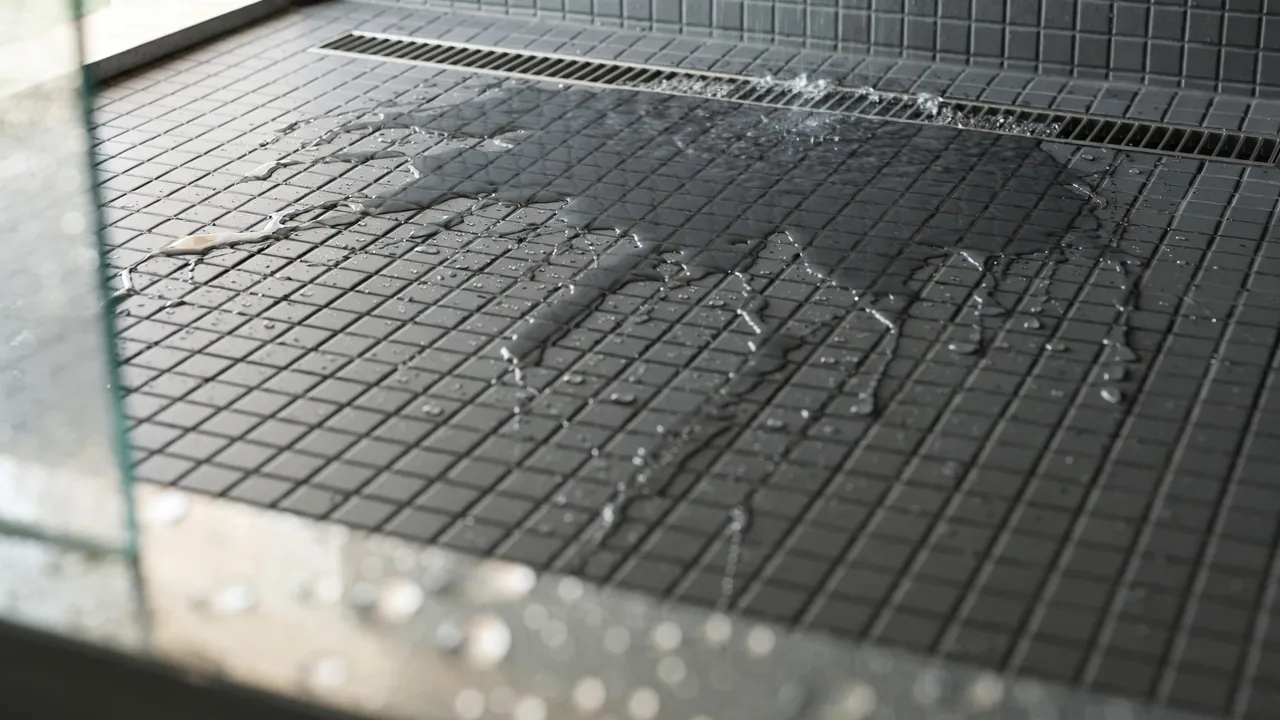 Close-up of a linear tile-insert drain in a walk-in shower floor