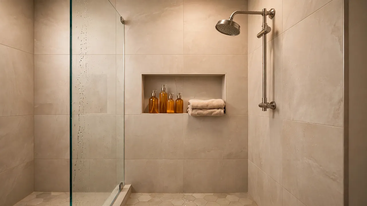 Tiled recessed niche inside a small walk-in shower with rainfall showerhead