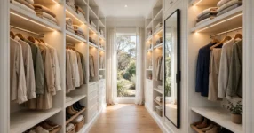 Modern walk-in wardrobe with white joinery and LED lighting in an Australian home