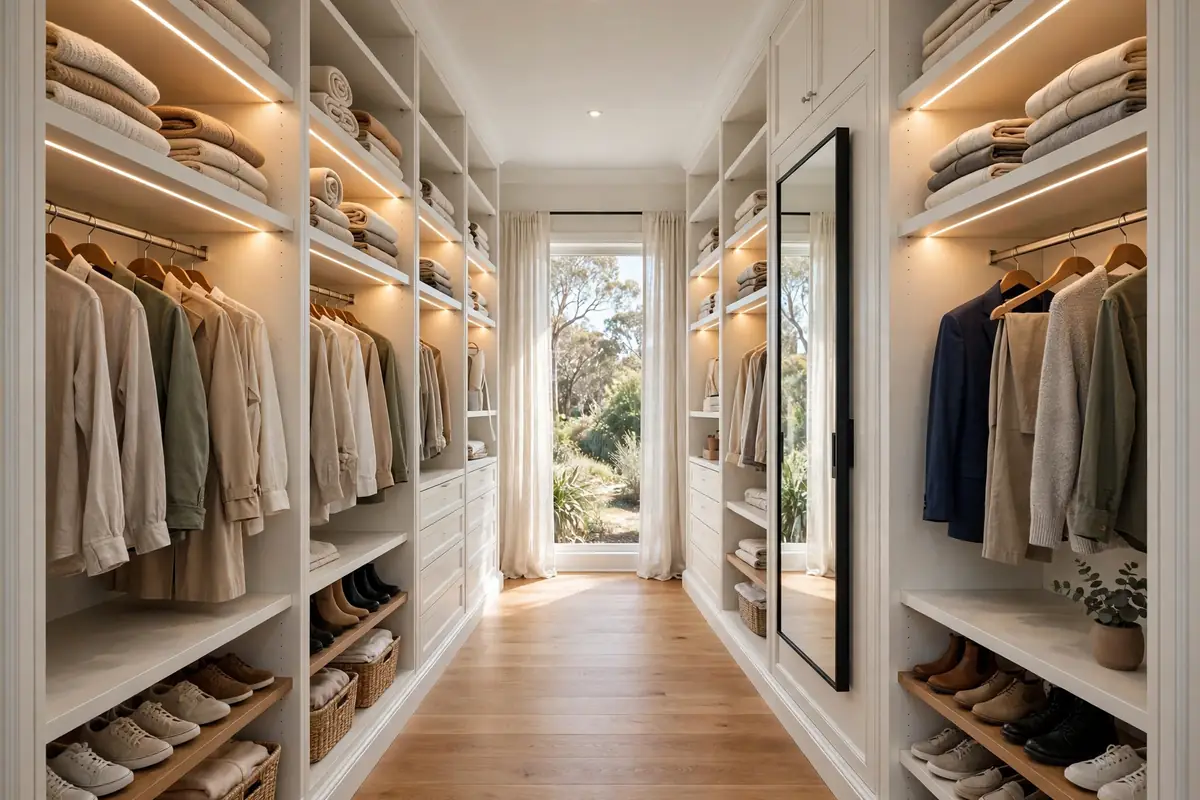 Modern walk-in wardrobe with white joinery and LED lighting in an Australian home