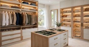 Luxurious walk-in wardrobe with LED strip lighting, double hanging rails, built-in drawers and central island dresser