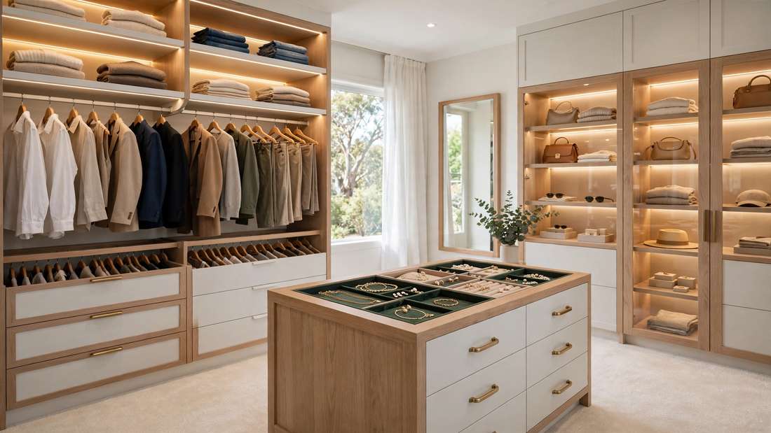 Luxurious walk-in wardrobe with LED strip lighting, double hanging rails, built-in drawers and central island dresser
