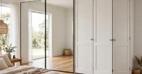 Modern bedroom with mirrored sliding and hinged wardrobe doors