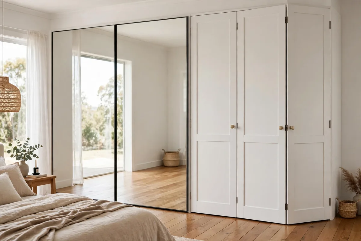 Modern bedroom with mirrored sliding and hinged wardrobe doors